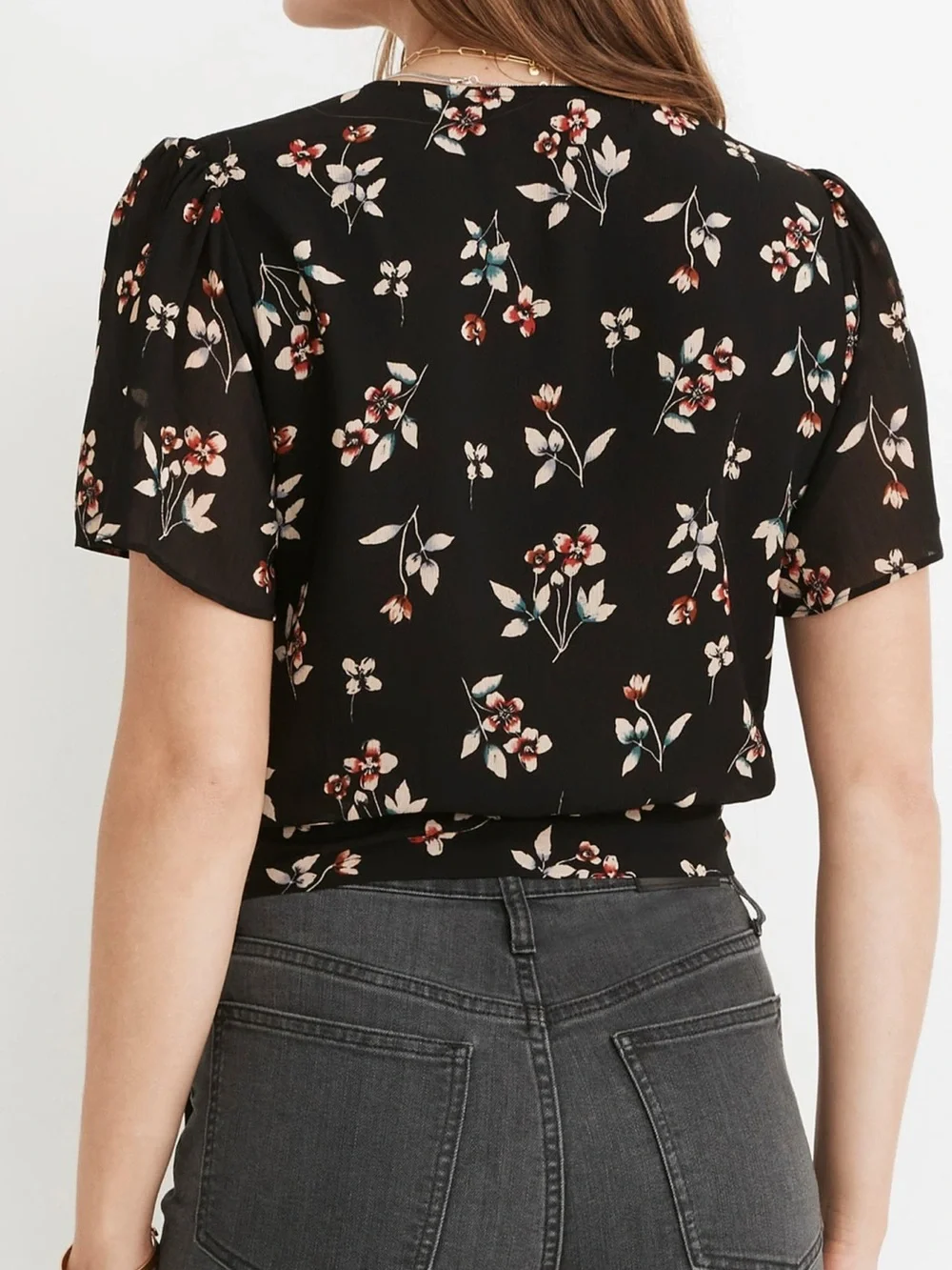 Madewell Botanical Print Wrap Top Blouse in True Black Size S EUC